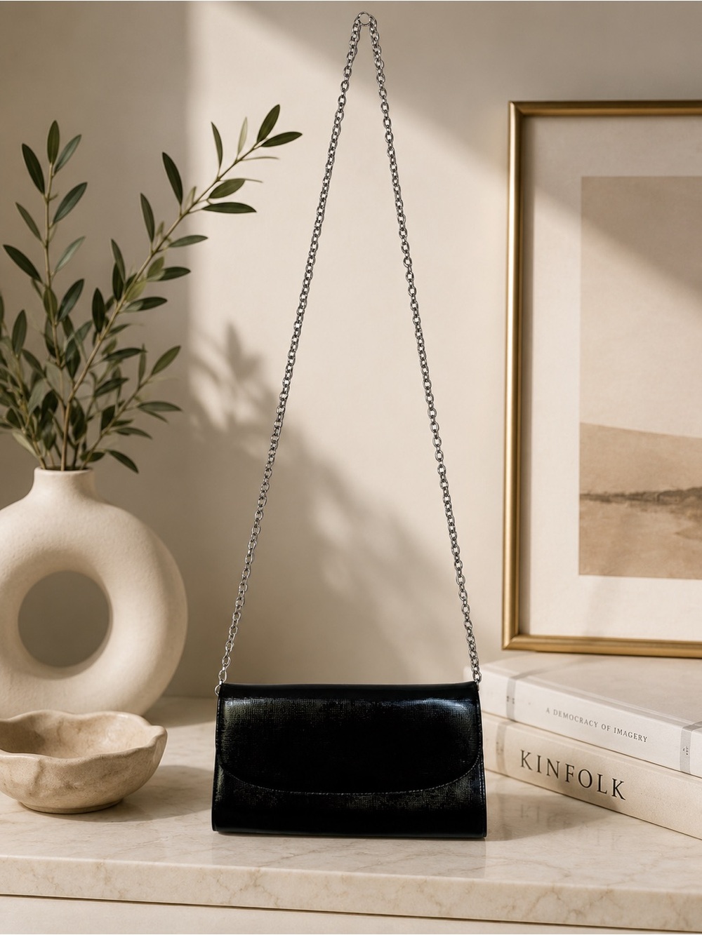 14th & UNION || Black Patent Leather Crossbody with Chain Strap Clutch Bag